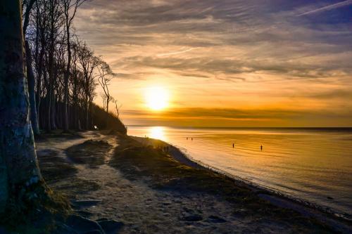 Angler an der Ostseeküste mit Sonnenuntergang